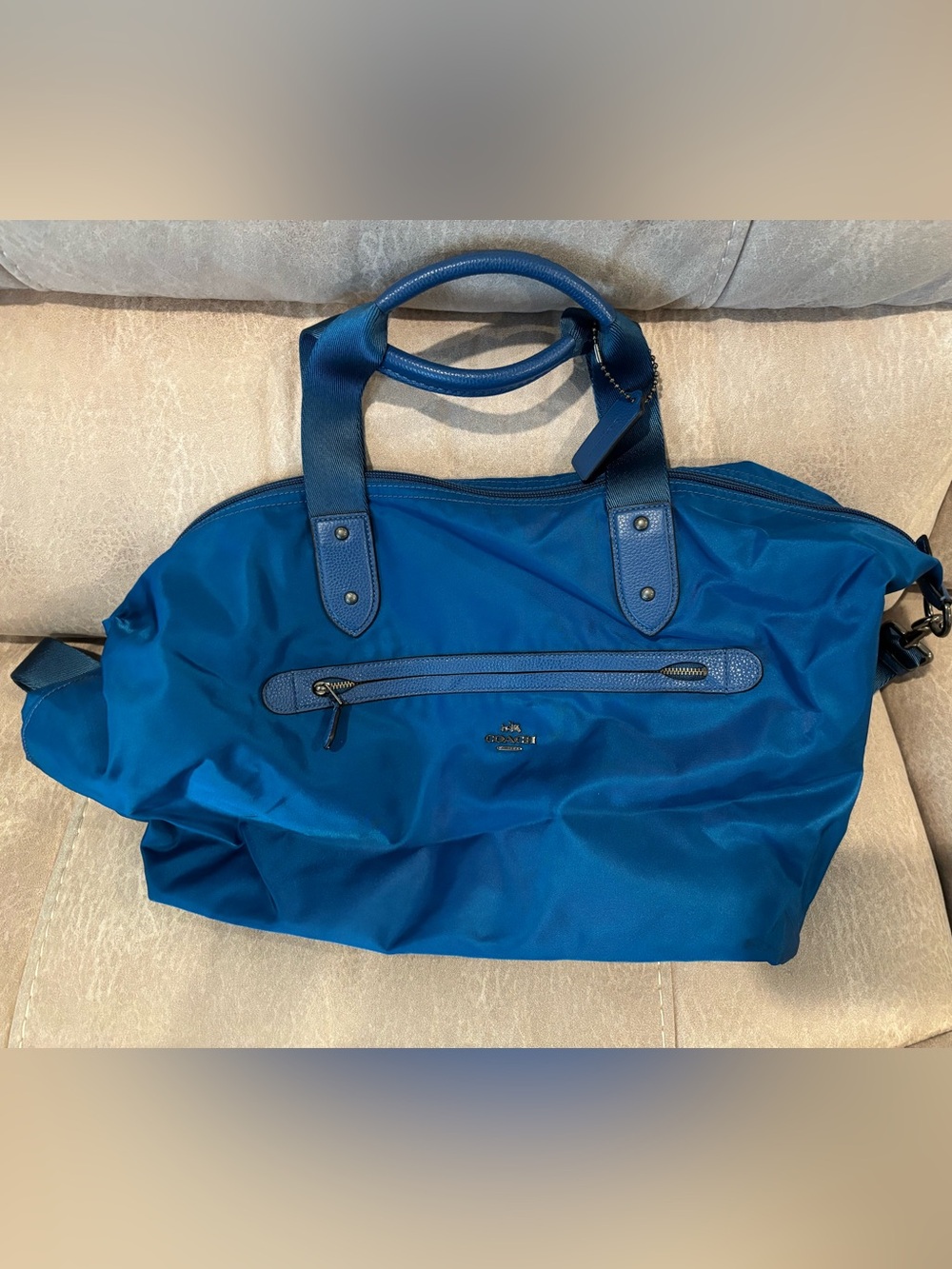 Coach Blue Nylon Tote with Leather Trim